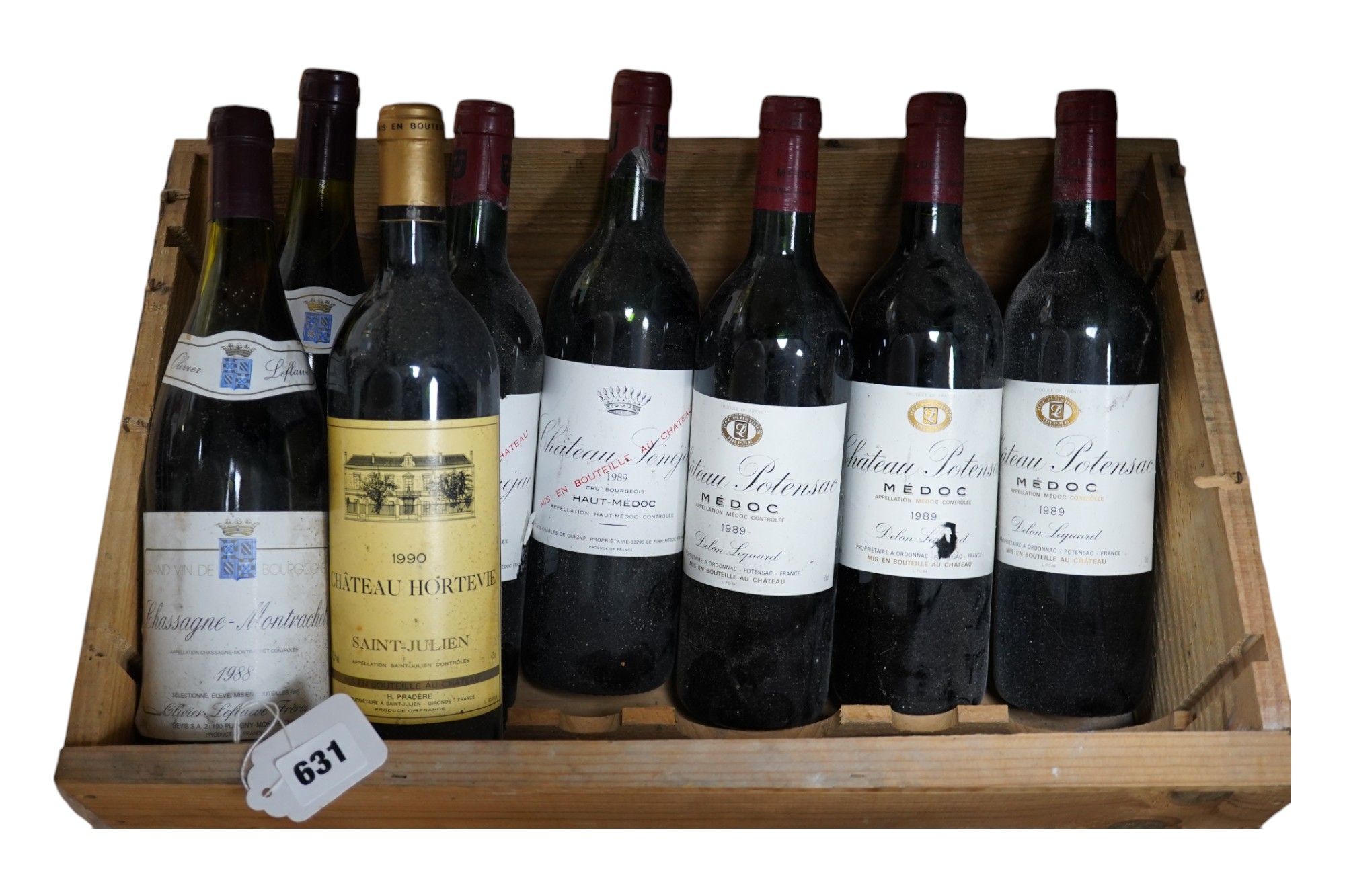 Eight assorted bottles of wine, including five bottles of Medoc, a 1990 bottle of Chateau Hortevie, Saint - Julien, etc. Condition - storage unknown